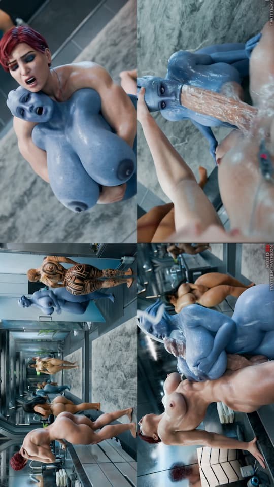 [4K] Femshepard Dominates Liara with Massive Cock in Wet Shower Orgy [Rigid3D]